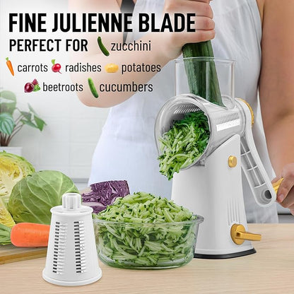 Zulay Kitchen Rotary Cheese Grater 5 Blade Cheese Shredder - Manual Hand Crank Cheese Grater With Reinforced Suction & 5 Interchangeable Drums - Easy to Use, Vegetable Chopper Round Mandoline Slicer