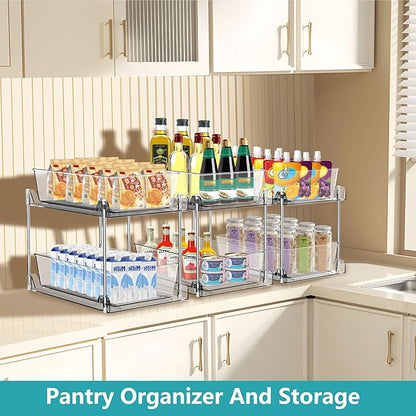 2 Pack Clear Under Sink Organizers, Pull Out Cabinet Organizer,2 Tier Bathroom Storage Organizer,Cabinet Drawers Organization Bins with Track for Kitchen,Pantry,Fridge,Vanity