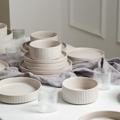 Stone Lain Haven Modern Stoneware 4 Piece Pasta Bowl Sets, Dish Set for 4, Reactive Glaze Beige