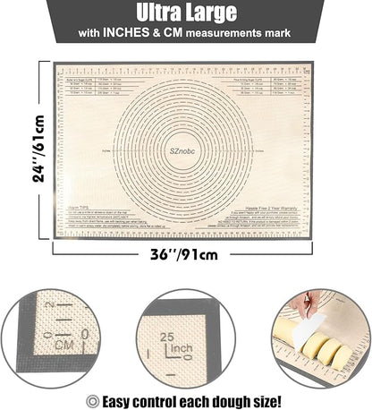 Extra Large Silicone Pastry Mat 36x24 Inch - Nonstick Baking Mats with Measurements, Great for Dough Rolling, Pastry, Pie Crust, Fondant, Cookies, Bread, Pasta, Pizza, Counter Mat