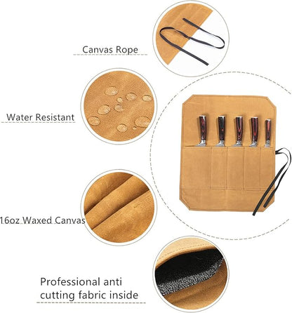 Knife Roll, Knife Cases Organizer-Durable Waxed Canvas With Cut Resistant Lining -5 Pockets (Khaki)