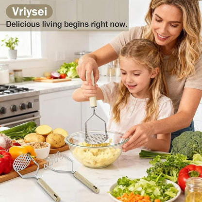 Potato Masher Stainless Steel, 2pcs Heavy Duty Mashed Potato Mashers - Masher Kitchen Tool & Food Mashers for Potatoes, Beans, Avocado, Meat, Vegetables Dishwasher Safe