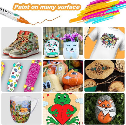 24 Colors Acrylic Paint Pens, Dual Tip Acrylic Paint Markers for Paper, Wood, Canvas, Stone, Rock Painting, Glass, Fabric, DIY, Ceramic, Art Supplies for Kids and Adults Drawing (Dot + Fine)