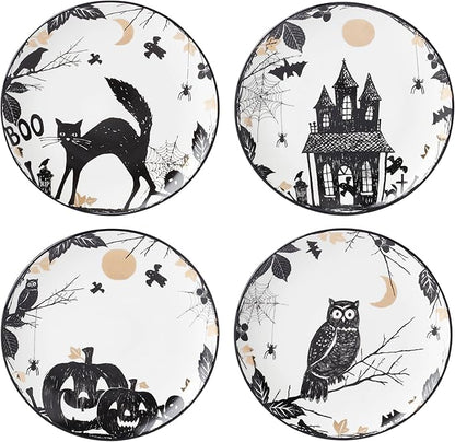 Lenox Dinnerware, Vintage Halloween Haunted Accent Plates, Assorted, Set of 4, Porcelain, Dishwasher & Microwave Safe, Halloween Decor Indoor, Spooky Decorative Plates for Home (Black/White, 4 Piece)
