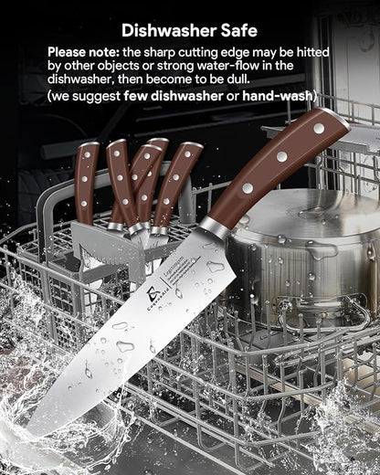 Knife Set, New 15° Beveled Easy Insert, 15 Pcs Kitchen Knife Block Set with Block and Sharpener, German Vacuum Oil Cooled Crafted, Countertop-Free Steak Knife Set, Stainless Steel Brown