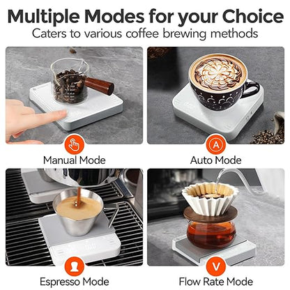 Rechargeable Mini Coffee Scale with Timer, 2kg/0.1g Precision Espresso Scale, Portable Coffee Weight Scale w/ 4 Modes for Espresso and Pour-Over Coffee (White)