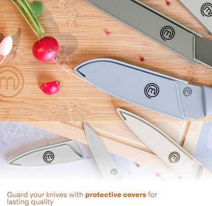 MasterChef Kitchen Knife Set with Covers, 6 Professional Chef Knives for Home Kitchens, Extra Sharp Cutting Stainless Steel Blades & Protective Sheaths, Soft-Touch Easy-Grip Handles, Earth Greys