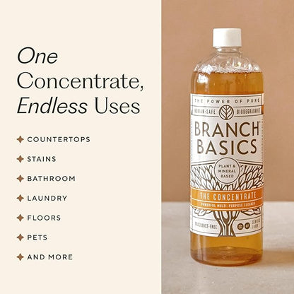 Branch Basics Cleaning Essentials Kit: All Purpose, Glass and Bathroom Cleaner - Concentrate (33.8 Oz) (24 Refills) + Refillable Glass Spray Bottles (16 Oz) Plant Based, Human-Safe, & Fragrance Free
