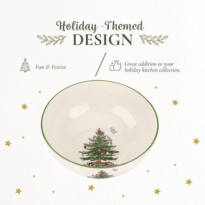 Spode Christmas Tree Large Round Bowl - 10-Inch Porcelain Serving Dish for Salad, Pasta & Side Dishes - Iconic Holiday Design with Green Trim, Dishwasher, Microwave Safe - Festive Gatherings