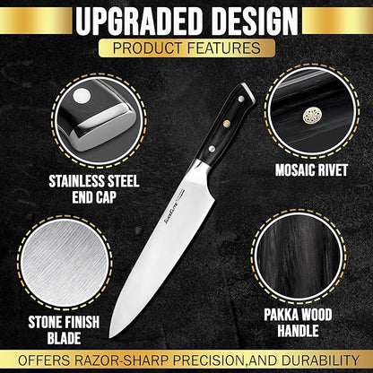 SliceElite Slice Series 8 Inch Chef Knife High Carbon German Steel Blade Pakkawood Handle Dual Sheath Sharp Cooking Knife for Meat Cleaver BBQ Kitchen Knife for Slicing Chopping Cutting Carving Tool