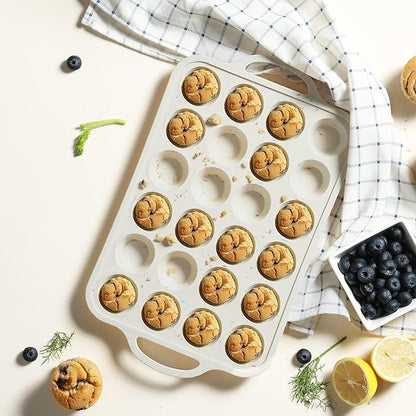 24 Cups Silicone Muffin Pan with Metal Reinforced Frame Mini Size Cupcake Pan Tray Egg Bites Silicone Circle Cookie Molds Muffin Tin Tart Pans Non Stick Toxic Oven Safe Baking Sheet Set