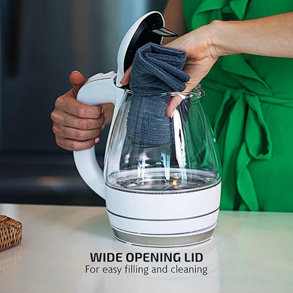 OVENTE Electric Kettle, 1.5L Borosilicate Glass Countertop Water Heater and Boiler for Coffee or Tea, BPA-Free, Auto Shut-Off, Boil-Dry Protection, Removable and Washable Spout Filter, White KG83W