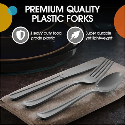 Party Solids Silver Plastic Silverware Heavy Duty 300 Pieces Silver Plastic Cutlery Sets, Utensil Sets, 100 Of Each Forks, Knives & Spoons Disposable Cutlery Set, Flatware Set For Party Supplies