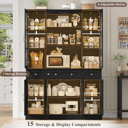 Keyluv 74.8" H Tall Pantry Cabinet with Microwave Stand and 3 Drawers, Large Kitchen Hutch Storage Cabinet with Glass Door and Adjustable Shelves for Kitchen, Dining Room, Living Room, Black