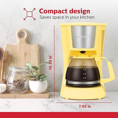 Holstein Housewares 5 Cup Drip Coffee Maker – Compact and User-Friendly with Auto Pause & Serve, Reusable Filter, Measuring Spoon & Glass Carafe, Office & Dorm Use, Yellow