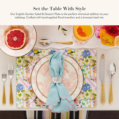 MACKENZIE-CHILDS Enamel Salad and Dessert Plate, Small Plate for Appetizers or Desserts, 8 Inches, Pink-and-White Rosy English Garden