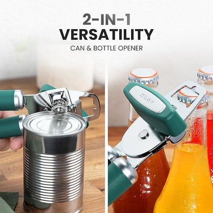 Zulay Kitchen Heavy Duty Stainless Steel Can Opener Manual with Bottle Opener - Rust Proof Manual Can Opener With Turn Knob & Comfy Soft Grip Handles - Pine Green