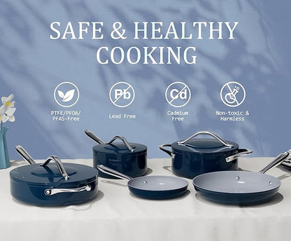 Ceramic Cookware Set Nonstick Pots and Pans Set with Lid PFAS-Free Non Toxic Cookware Set with Advanced G7 Ceramic Coating, Oven Safe Up To 500°F, Quick & Even Heat Distribution, Navy Blue