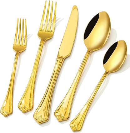 KINGSTONE Gold Silverware Set, 60-piece 18/10 Stainless Steel Flatware Set Cutlery Set for 12, for Kitchen, Home, Wedding, Party, Mirror Polished and Dishwasher Safe, Featured Gifts