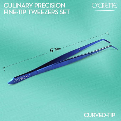 O'Creme Curved Tweezers 6.25 Inch Fine-Point Stainless Steel, Blue