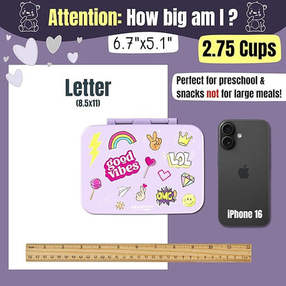 BEARFOOT Kids Lunch Box with Compartments – Compact & Lightweight | Leak-Proof, BPA-Free, Dishwasher & Microwave Safe | Hand-Drawn Design for Preschool, School, Travel (Sticker Purple, 2.75 Cups)