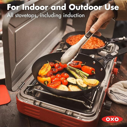 OXO Outdoor Pre-Seasoned Carbon Steel 12" Frying Pan Skillet, Detachable Handle for Easy Storage, Indoor Use, Nonstick with Use, Induction Suitable,Oven & Broiler Safe,Browning, Grill,Sear,Saute,Black
