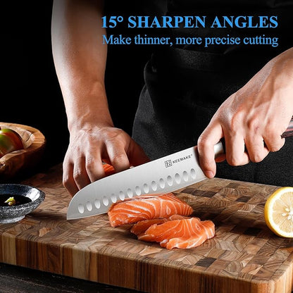 KEEMAKE Chef Santoku Knife - 7 Inch Ultra Sharp Kitchen Knife with Stainless Steel Blade for Cooking Meat Fruit Vegetable with Ergonomic Pakkawood Handle and Gift Box Included