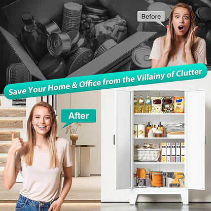 Metal Storage Cabinet with 2 Doors and 3 Shelves,White Pantry Storage Cabinet with Legs,Farmhouse Pantry Cabinets Cupboard,Bathroom Cabinets for Home,Kitchen,Dining/Living Room (47.3" H)