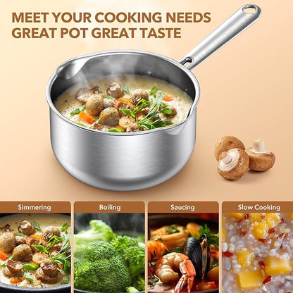 PekGema Stainless Steel Saucepan 2.5 Quart with Glass Strainer Lid, Thicken Tri-ply Full Sauce Pot, Two Side Spouts for Easy Pour, Dishwasher Safe, Induction Ready, Compatible with All Cooktops