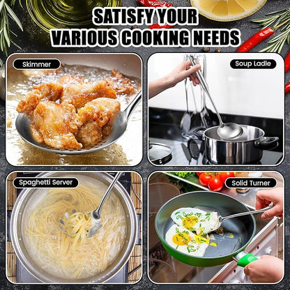 9 Pcs 304 Stainless Steel Utensils Set with Wood Handle Metal Cooking Tool Spatula, Solid Spoon, Slotted Spoon, Fork, Ladle, Skimmer, Slotted Spatula Spaghetti(Silver,Stainless Steel)