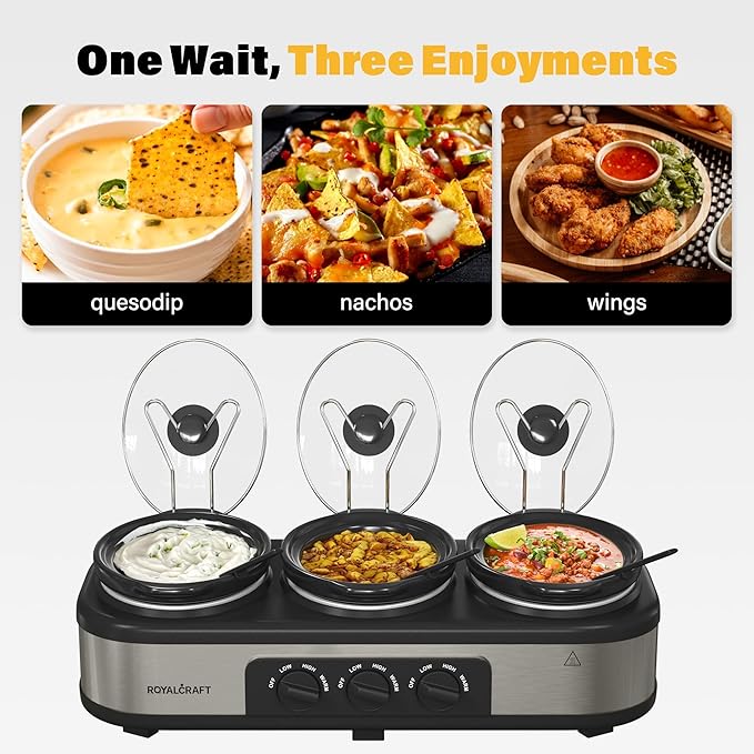 Sunvivi Slow Cooker with 10 Cooking Liners, Triple Slow Cooker Buffet Server 3 Pot Food Warmer for Parties with 3 Spoons ? Lid Rests,Adjustable Temp, 3 * 1.5 Quarts Silver