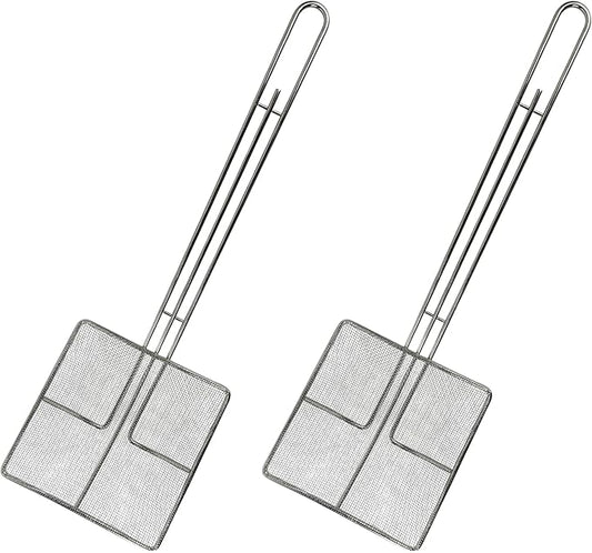 Wire Mesh Strainer with Long Handle | 2-Pack | 6.5" Square Frying Spoon | Cooking Oil Strainer for Deep Fryer & Professional Restaurant Use | Commercial Grease Skimmer