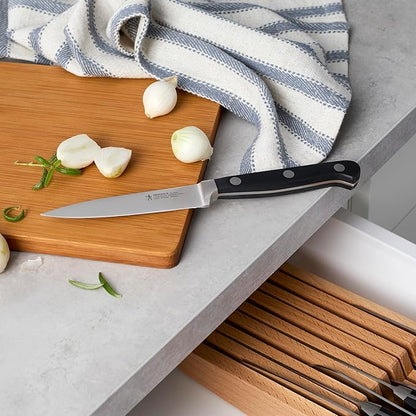 HENCKELS Classic Razor-Sharp 11-Piece Knife Block Set, Chef Knife, Bread Knife, Carving Fork and Knife, German Engineered Informed by 100+ Years of Mastery, Natural In-Drawer Block