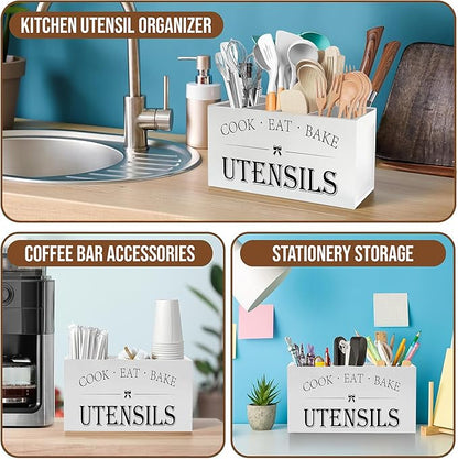 Extra Large Kitchen Utensil Holder with 4 Compartments, Wooden Countertop Organizer, Rustic Black Farmhouse Decor for Cooking Tools, Spoons, Spatulas, Knives & Forks - White Grain