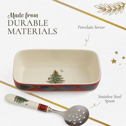Spode Christmas Tree Tartan Cranberry Sauce Serving Dish with Slotted Spoon (8"x 4.25") - Rectangular Holiday Server with Plaid Border - Dishwasher, Microwave, Freezer Safe Serveware for Entertaining