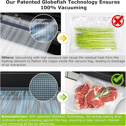Bonsenkitchen Vacuum Sealer Machine, Globefish Technology for Perfect Vacuum Sealing, Powerful Low-Noise Food Vacuum Sealer with Easy Handle Design, Built-in Cutter and Bag Storage, 2 Bag Rolls