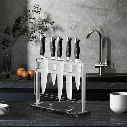 Acrylic Shield Magnetic Knife Block Holder - Marble Base Magnetic Knife Stand for Counter Top -Double Sided Magnetic Knife Holder -Stainless Steel Kitchen Knife Block without Knives -Black