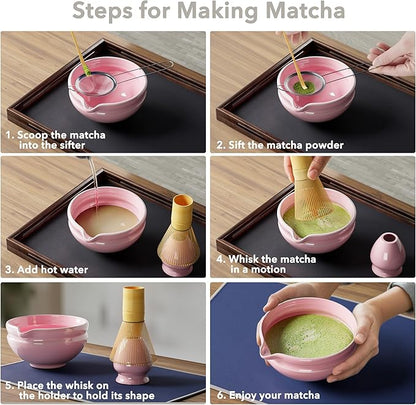 7 Pcs Matcha Whisk Set, Perfect Matcha Kit for Matcha Lovers Includes Ceramic Bowl, Bamboo Whisk, Holder, Scoop, Sifter & Cloth