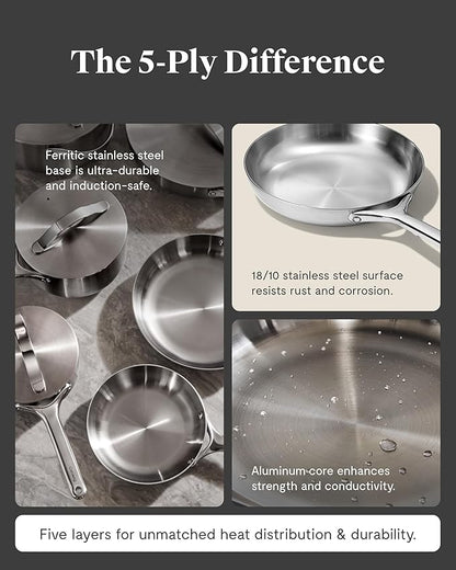 Caraway Stainless Steel Deluxe Cookware Set (16 Piece) - 5-Ply Stainless Steel Pots, Frying Pans, Lids and Kitchen Storage - Non Toxic, PTFE & PFOA Free