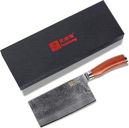 SUNLONG Meat Cleaver 7 inch Chinese Vegetable Cleaver -Japanese Hammered Damascus Steel-Bloodwood Handle