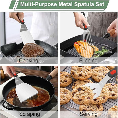 Beijiyi Stainless Steel Spatula Set, 4 Pack Small Metal Turner Spatulas for Kitchen Use, Cooking Utensils with Silicone Handle, Flipper Spatula for Fish, Egg, Smash Burger and Cookie Serving