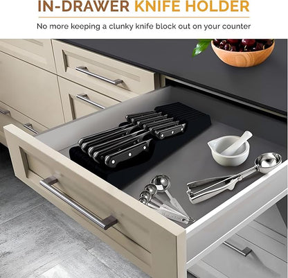 In-Drawer Knife Block - Bamboo Knife Drawer Organizer for Kitchen - Fits 5 Long + 6 Short Knives | Store Knives with Blades Pointing Down - Wooden Steak knife Holder without Knives (Black)