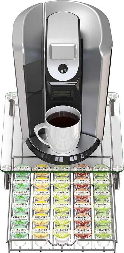 Deco Brothers Crystal Tempered Glass K-Cup Holder Drawer for 30 Coffee Pods Storage, Chrome