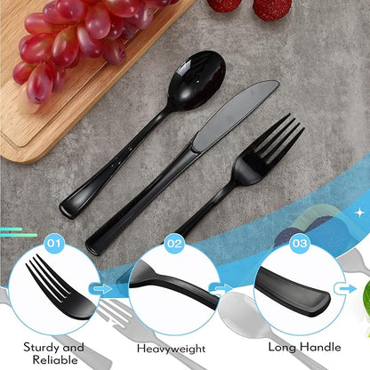Minatee 150 Pieces Disposable Cutlery Set Plastic Silverware Heavy Duty Utensil Sets 50 Forks 50 Knives 50 Spoons for Home Office School Party Picnics Restaurant Outdoor Events(Black)