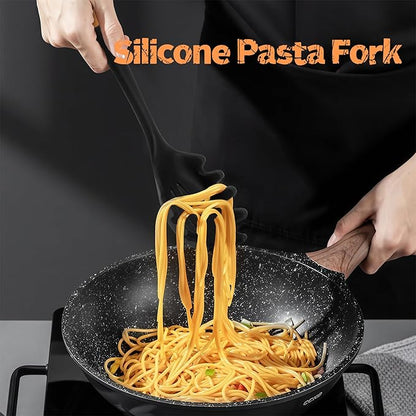 Silicone Cooking Spoon and Pasta Fork Set, 2 Pack Large Spatula Spoons Set with Wooden Handle, Nonstick Multifunction Spoon for Cooking, Serving, Mixing and Spaghetti (Black)