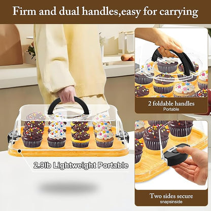 MinBoo Reusable Bamboo Cupcake Storage for Birthday Holiday Party Bakery Supplies Containers Portable 12 Standard-Size Cupcakes with Heightened Transparent Lid & Carry Handle