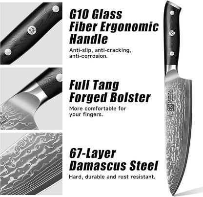 KEEMAKE Damascus Chef Knife, 8 Inch Kitchen Knife, 67 Layers Damascus Knife Professional Kitchen Knives with Japanese VG10 Core, Sharp Chefs Knives with Ergonomic G10 Handle