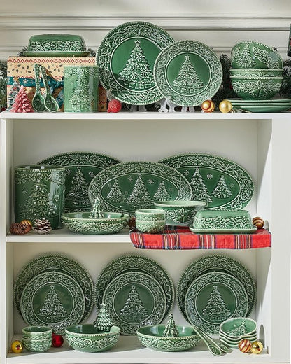 Christmas Tree Serving Platters, 14.5"/ 12.5"/11" Ceramic Oval Serving Trays, Green Serving Plates, Dishwasher and Microwave Safe, Set of 3