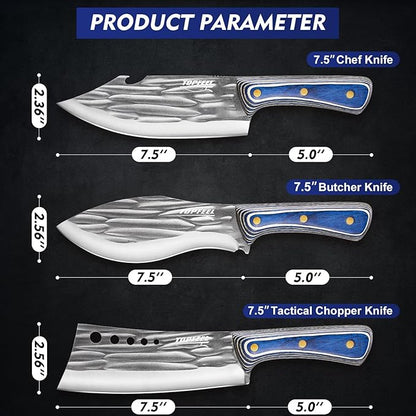 3PCS Butcher Knife Set for Meat Cutting， Hand Forged Professional Chef Knife Set Meat Cleaver Boning Knife for Home, Outdoor Cooking, Camping BBQ Gift Idea Men
