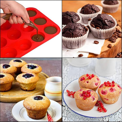 12 Cups Silicone Muffin Pan, Nonstick Cupcake Pan, Heat Resistant Silicone Muffin Tin, Reusable Cupcake Moulds Baking Pan for Cakes, Bread (Red-2 Packs)